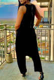 Black Street Solid Patchwork Pocket Zipper O Neck Loose Jumpsuits