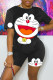 Black Fashion Casual Print Basic O Neck Short Sleeve Two Pieces