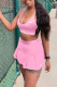 Pink Sexy Sportswear Solid Embroidered Spaghetti Strap Sleeveless Two Pieces