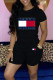Black Casual Print Patchwork Pocket O Neck Short Sleeve Two Pieces