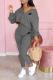 Dark Gray Casual Print Patchwork One Shoulder Long Sleeve Two Pieces
