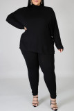 Black Fashion Casual Solid Basic Turtleneck Plus Size Two Pieces