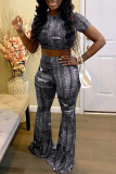 Blue Casual Print Ripped Patchwork O Neck Short Sleeve Two Pieces
