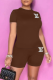 Dark Brown Casual Print Patchwork O Neck Short Sleeve Two Pieces