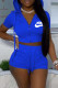 Blue Fashion Casual Solid Embroidered Hooded Collar Short Sleeve Two Pieces
