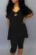 Black Casual Print Slit V Neck Short Sleeve Two Pieces