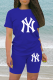 Blue Casual Print Patchwork O Neck Short Sleeve Two Pieces