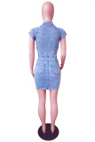 Baby Blue Fashion Casual Solid Patchwork V Neck Short Sleeve Denim Dress