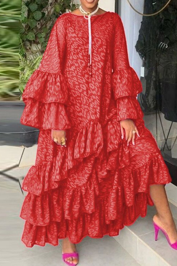 Red Fashion Casual Print Patchwork O Neck Long Sleeve Dresses