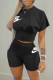 Black Fashion Casual Letter Print Basic O Neck Short Sleeve Two Pieces