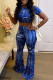 Blue Casual Print Ripped Patchwork O Neck Short Sleeve Two Pieces