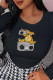 Black Casual Sweet Print Patchwork O Neck Tops