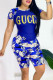 Blue Casual Print Patchwork O Neck Short Sleeve Two Pieces