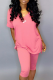 Pink Casual Print Slit V Neck Short Sleeve Two Pieces