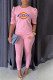 Pink Casual Print Fold O Neck Half Sleeve Two Pieces