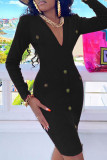 Black Fashion Casual Solid Basic V Neck Long Sleeve Dresses