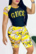 Yellow Casual Print Patchwork O Neck Short Sleeve Two Pieces