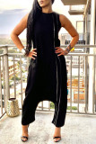 Black Street Solid Patchwork Pocket Zipper O Neck Loose Jumpsuits