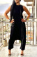 Black Street Solid Patchwork Pocket Zipper O Neck Loose Jumpsuits