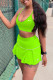 Fluorescent Green Sexy Sportswear Solid Embroidered Spaghetti Strap Sleeveless Two Pieces