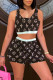 Black Casual Sportswear Print Basic U Neck Sleeveless Two Pieces