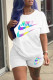 White Fashion Casual Print Basic O Neck Short Sleeve Two Pieces