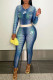 Blue Fashion Street Print Patchwork O Neck Two Pieces