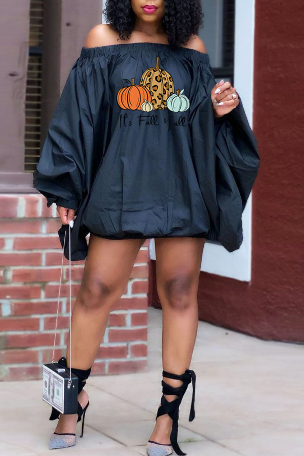 Black Casual Print Patchwork Off the Shoulder Lantern Skirt Dresses