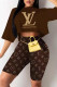Dark Brown Fashion Casual Print Basic O Neck Short Sleeve Two Pieces