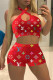 Red Fashion Sexy Print Backless Halter Sleeveless Two Pieces