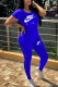 Blue Casual Letter Printing O Neck Short Sleeve Two Pieces