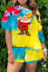 Yellow Sexy Patchwork Tie-dye O Neck Short Sleeve Two Pieces
