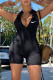 Black Casual Sportswear Print Basic Zipper Collar Sleeveless Skinny Romper