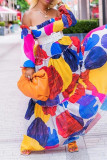 Multicolor Fashion Casual Print With Belt Off the Shoulder Long Sleeve Dresses