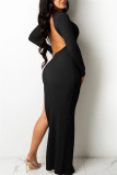 Black Fashion Sexy Solid Backless V Neck Long Sleeve Dresses