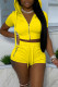 Yellow Casual Print Patchwork Zipper Hooded Collar Short Sleeve Two Pieces