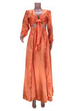 Orange Fashion Solid Bandage Hollowed Out V Neck Long Sleeve Dresses