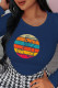 Navy Blue Casual Sweet Print Patchwork O Neck Tops
