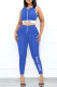 Blue Casual Sportswear Patchwork Printing Zipper Collar Sleeveless Two Pieces