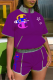 Purple Sportswear Print Embroidered Short Sleeve Two Pieces