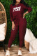Burgundy Fashion Casual Print Patchwork O Neck Long Sleeve Two Pieces
