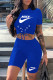 Blue Fashion Casual Letter Print Strap Design O Neck Short Sleeve Two Pieces