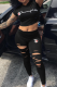 Black Sportswear Print Ripped Hooded Collar Short Sleeve Two Pieces