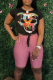 Black Casual Print Patchwork O Neck Short Sleeve Two Pieces