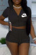 Black Fashion Casual Solid Embroidered Hooded Collar Short Sleeve Two Pieces
