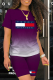 Purple Casual Print Patchwork O Neck Short Sleeve Two Pieces