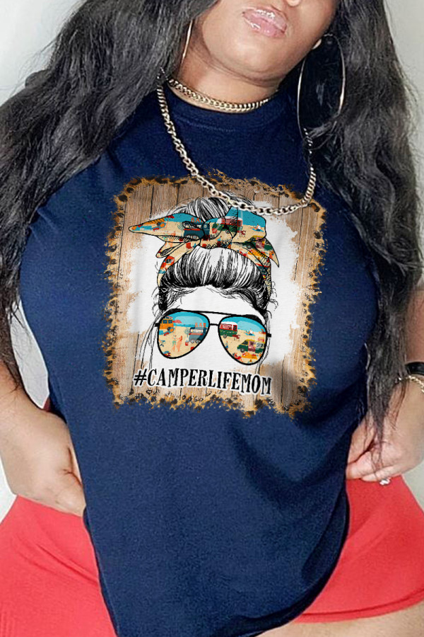Navy Blue Fashion Party Print Patchwork O Neck T-Shirts