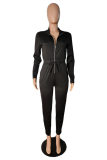 Blue Fashion Casual Solid Basic Zipper Collar Regular Jumpsuits