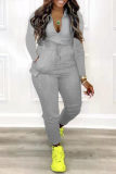Blue Fashion Casual Solid Basic Zipper Collar Regular Jumpsuits