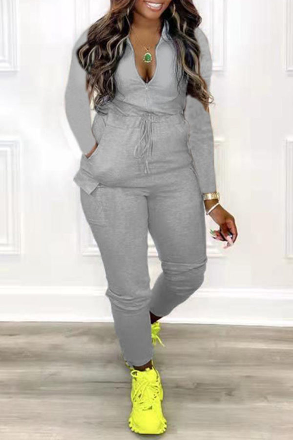 Grey Fashion Casual Solid Basic Zipper Collar Regular Jumpsuits